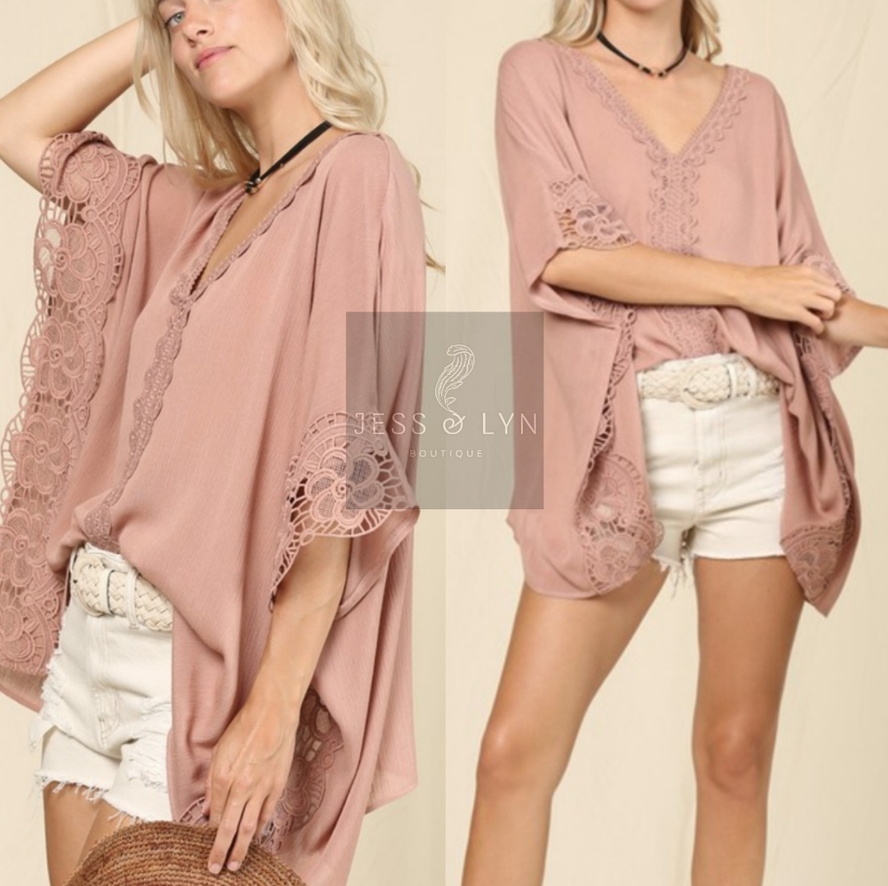 🆕FREYA- Blush Pink Boho Flowy Oversized Blouse w/Lace Detail